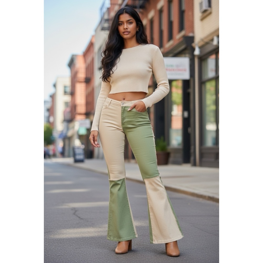 Peach Love Sage & Tan Color Block Flares | 90s Retro Denim - Picture 3 of 9